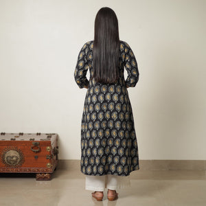 Black - Hand Batik Printed Cotton A-Line Kurta 03
