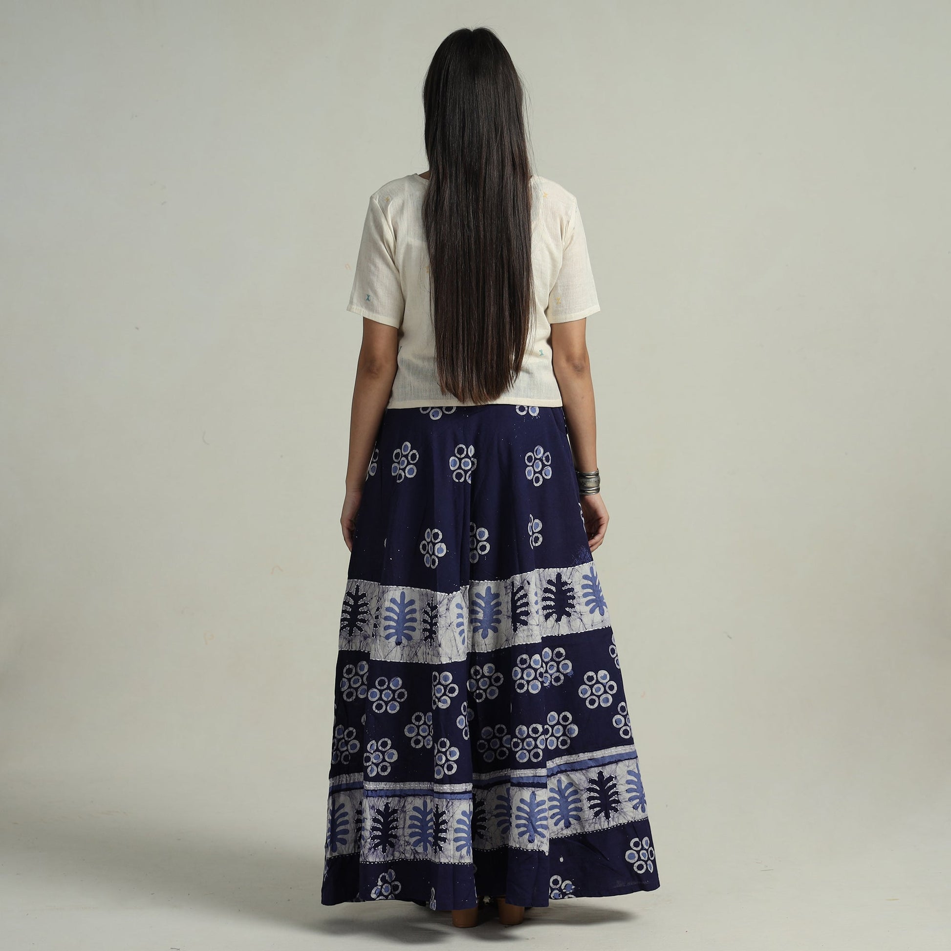 Blue - Hand Batik Printed Running Stitch Cotton Long Skirt 77