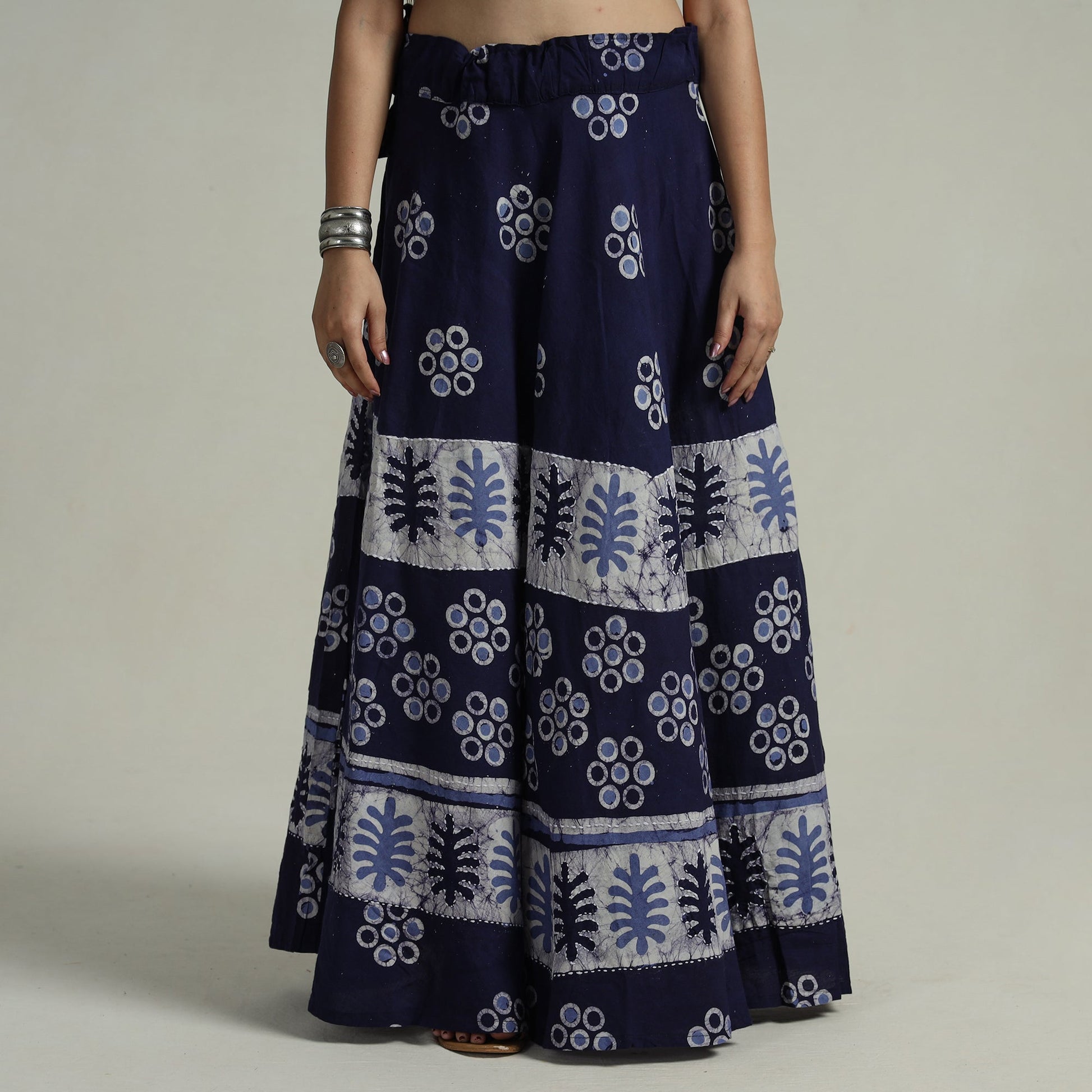 Blue - Hand Batik Printed Running Stitch Cotton Long Skirt 77