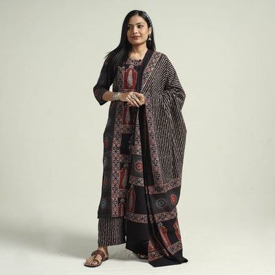 Black - Ajrakh Block Printed Cotton Kurta With Palazzo & Dupatta Set