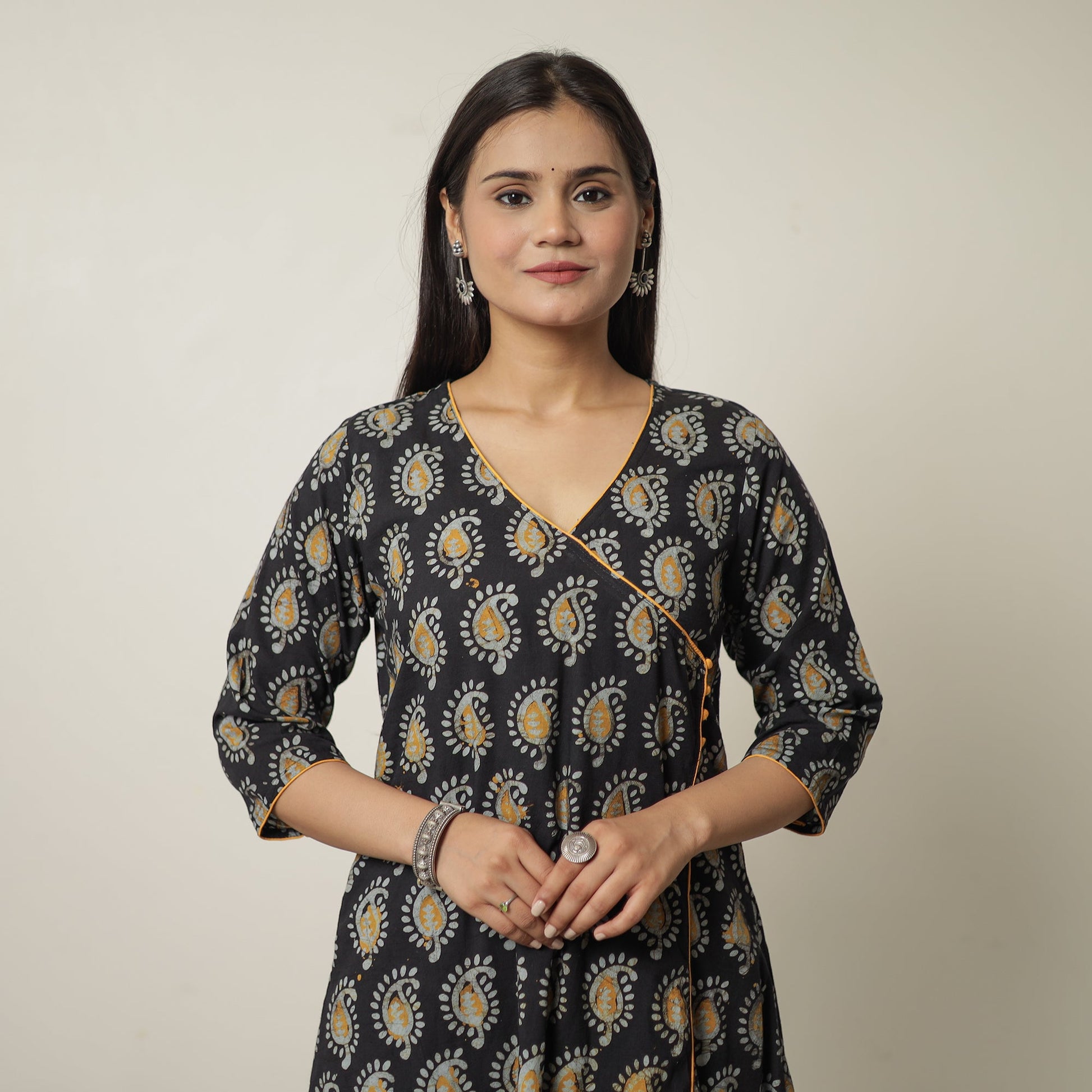 Black - Hand Batik Printed Cotton A-Line Kurta 03