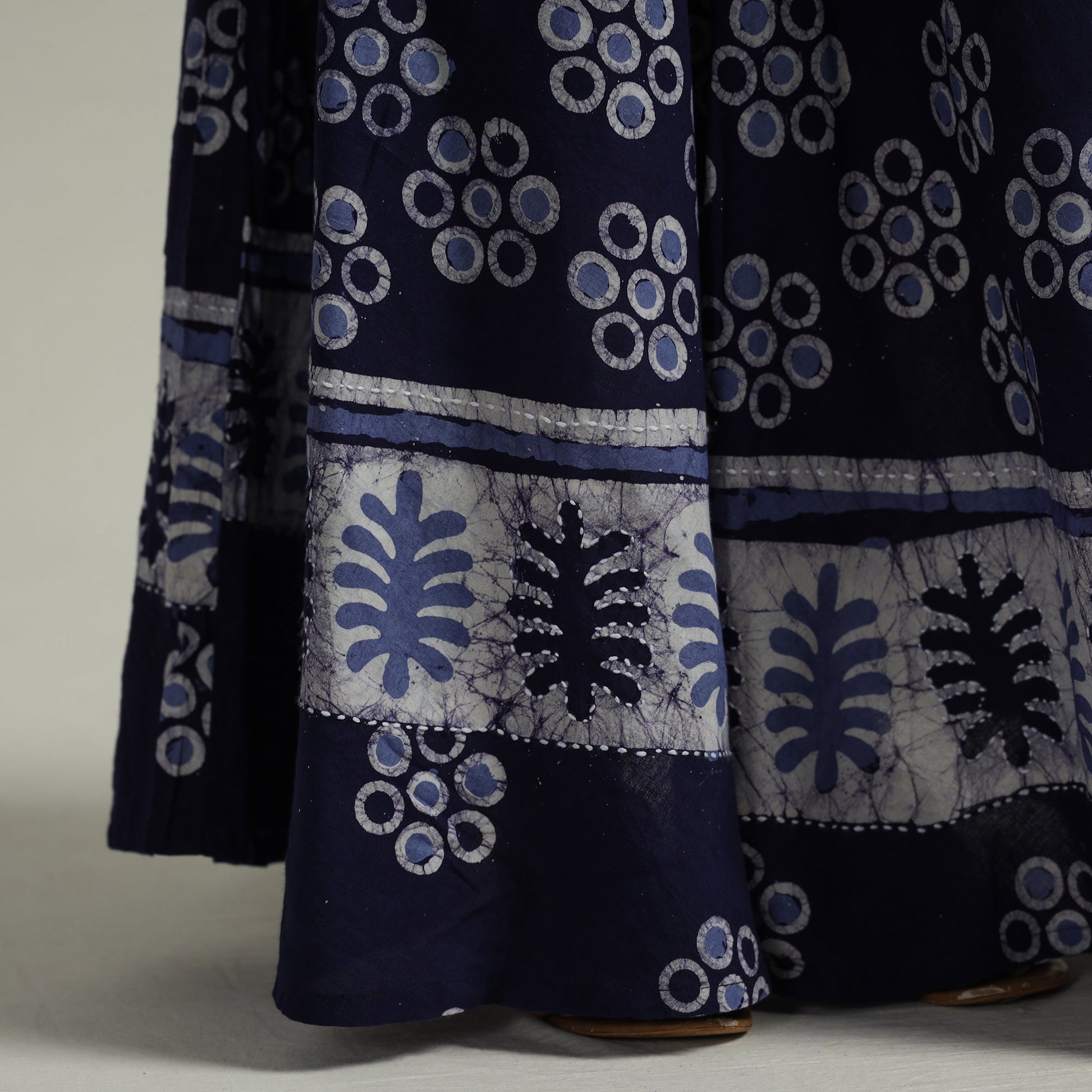 Blue - Hand Batik Printed Running Stitch Cotton Long Skirt 77