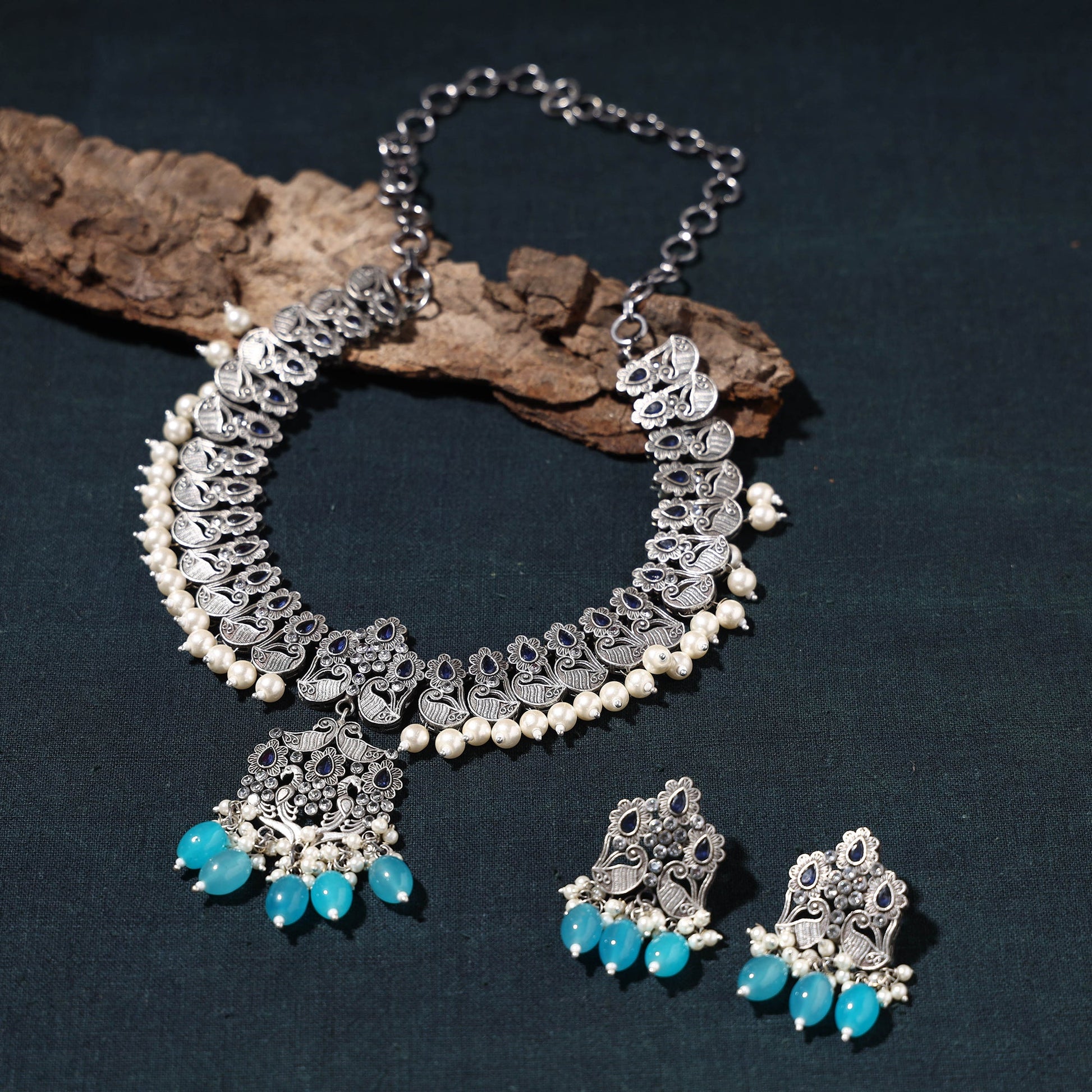 Antique Silver Finish Oxidised Brass Base Stone Work Necklace Set