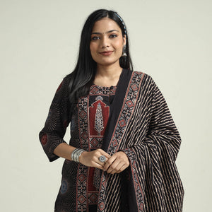 Black - Ajrakh Block Printed Cotton Kurta With Palazzo & Dupatta Set