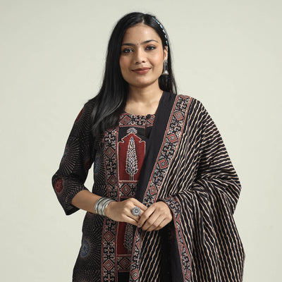 Black - Ajrakh Block Printed Cotton Kurta With Palazzo & Dupatta Set