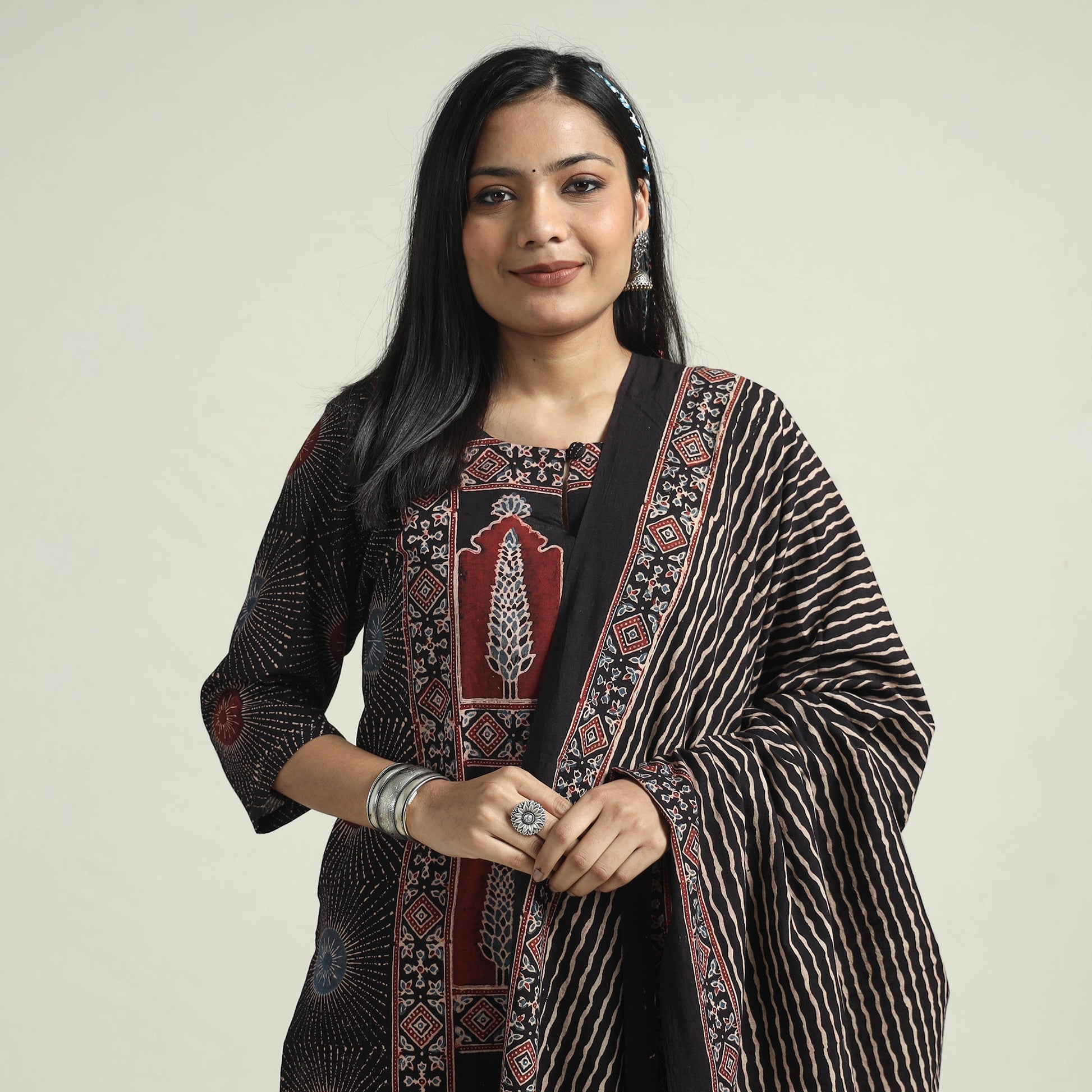 Black - Ajrakh Block Printed Cotton Kurta With Palazzo & Dupatta Set