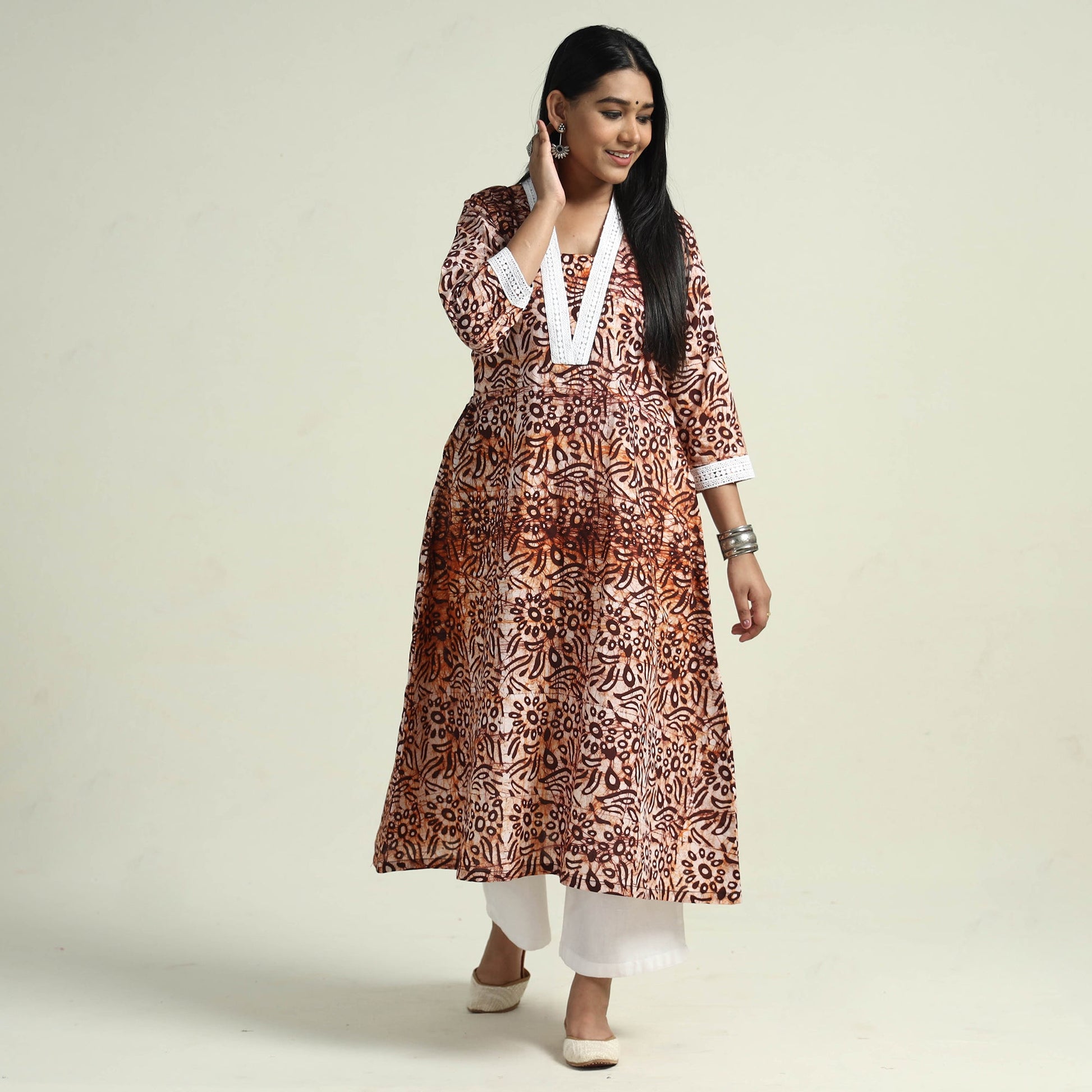 Brown - Hand Batik Printed Cotton Kurta with Palazzo Set