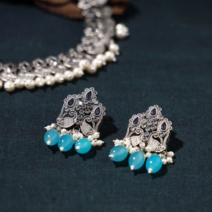 Antique Silver Finish Oxidised Brass Base Stone Work Necklace Set