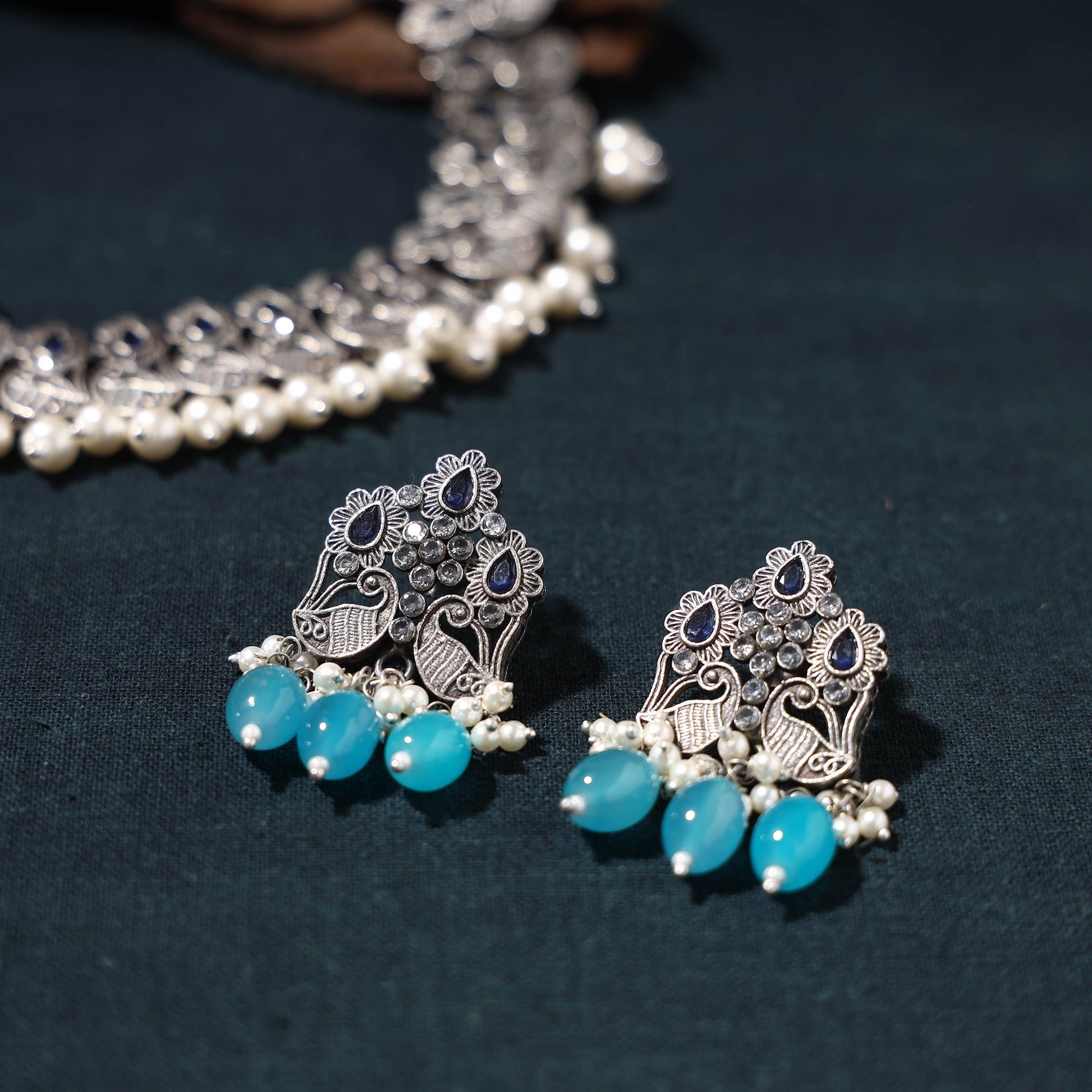 Antique Silver Finish Oxidised Brass Base Stone Work Necklace Set