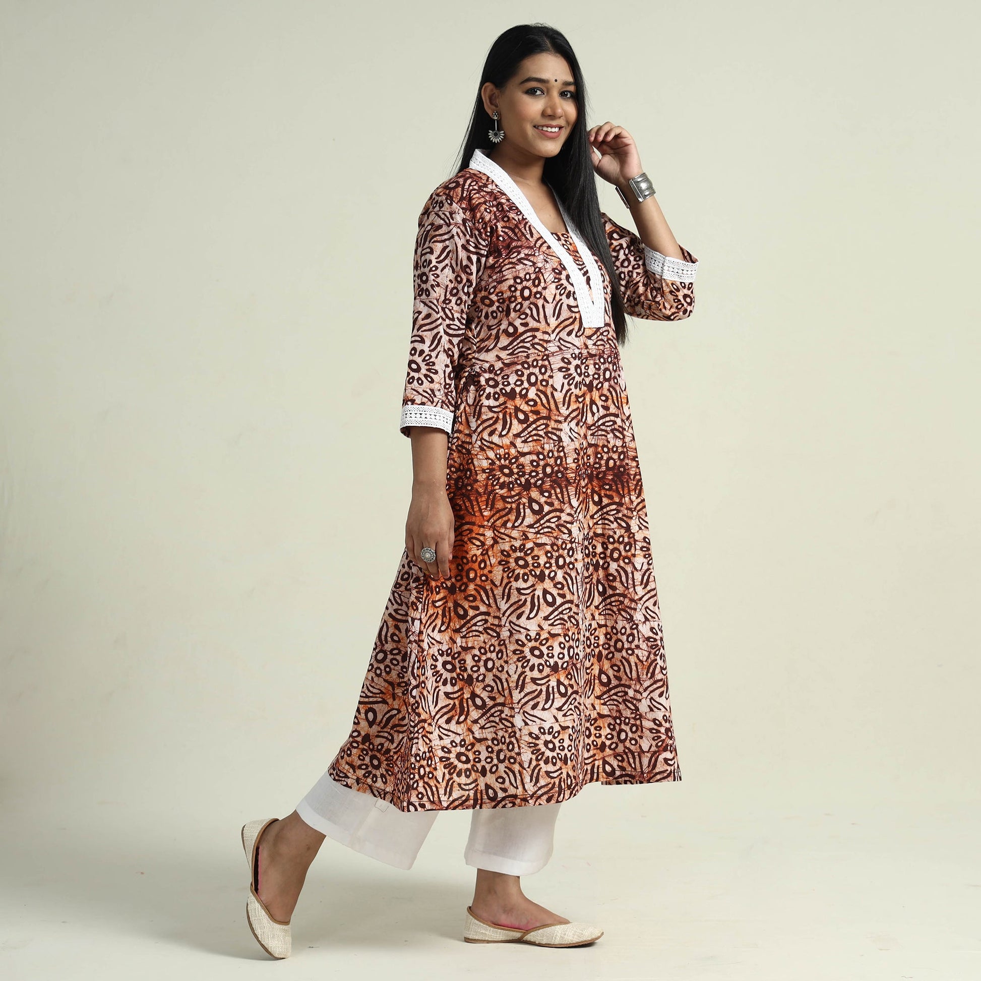 Brown - Hand Batik Printed Cotton Kurta with Palazzo Set
