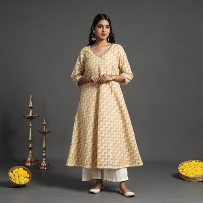 Beige - Handwoven Cutwork Cotton Banarasi Kurta 05