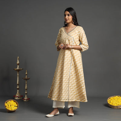 Beige - Handwoven Cutwork Cotton Banarasi Kurta 05
