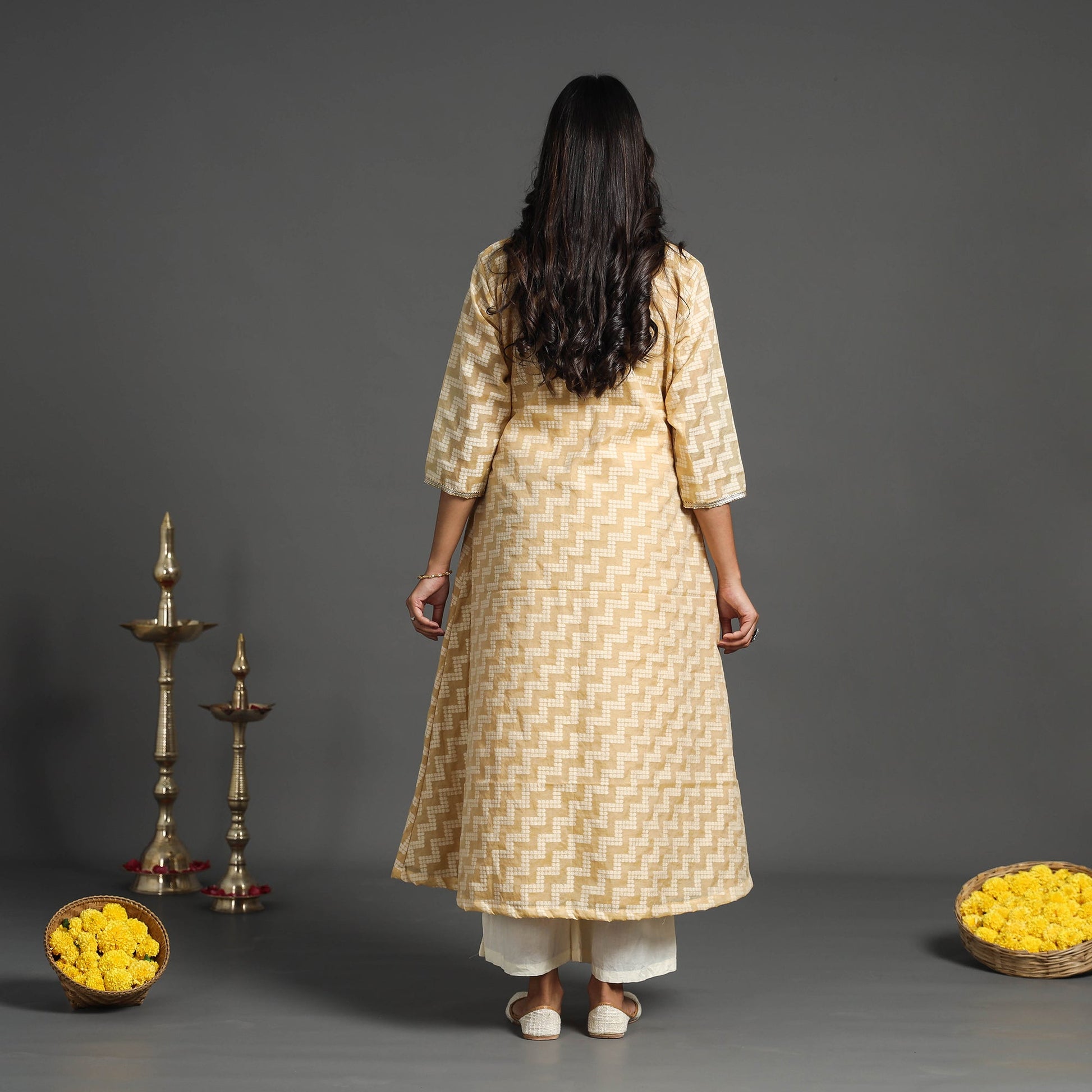 Beige - Handwoven Cutwork Cotton Banarasi Kurta 05