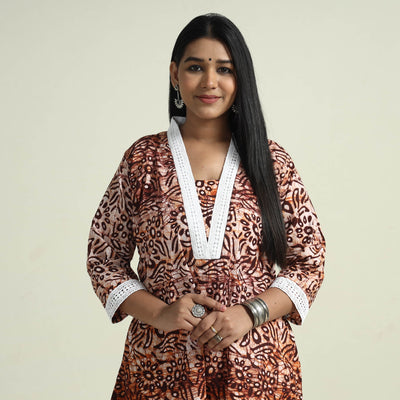 Brown - Hand Batik Printed Cotton Kurta with Palazzo Set