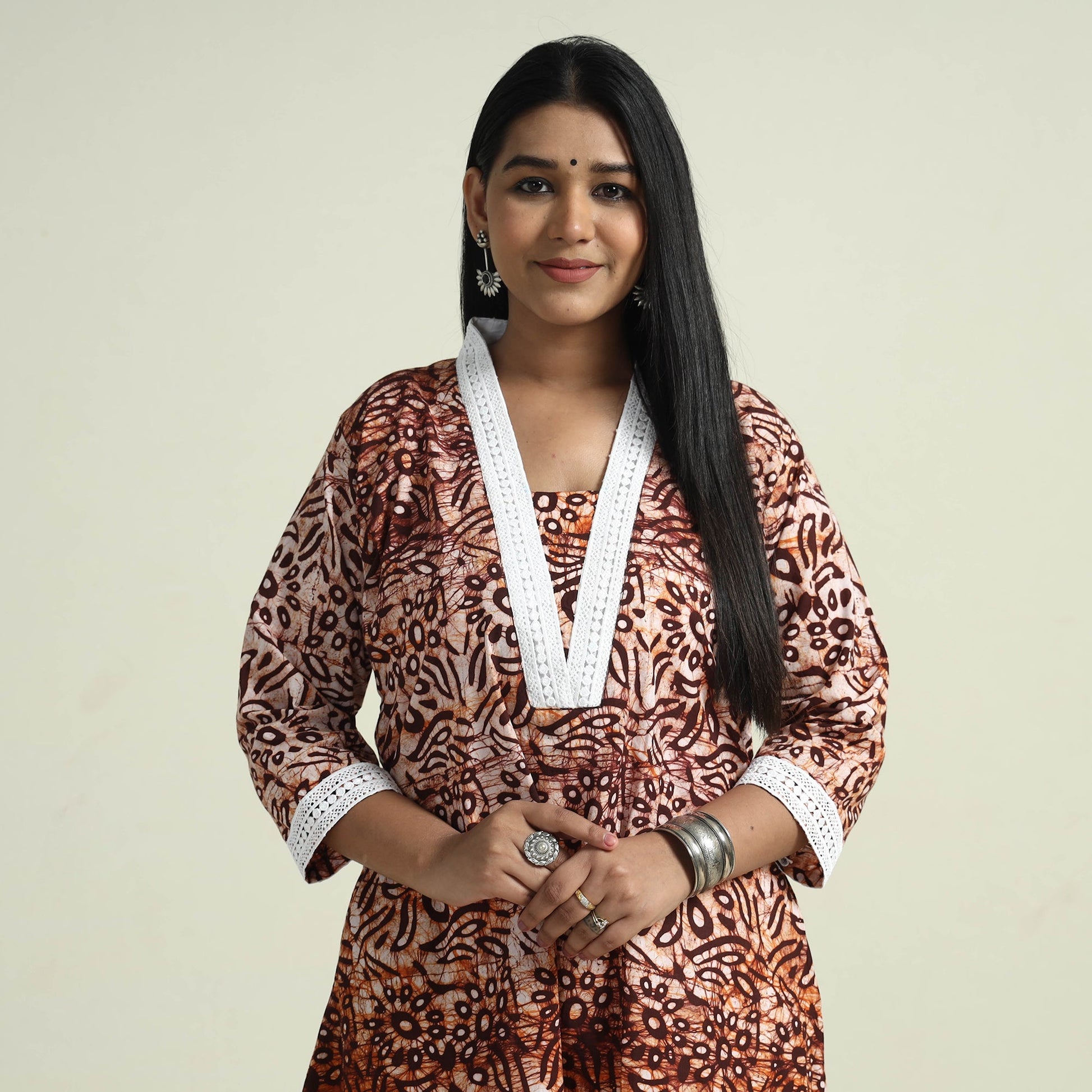 Brown - Hand Batik Printed Cotton Kurta with Palazzo Set
