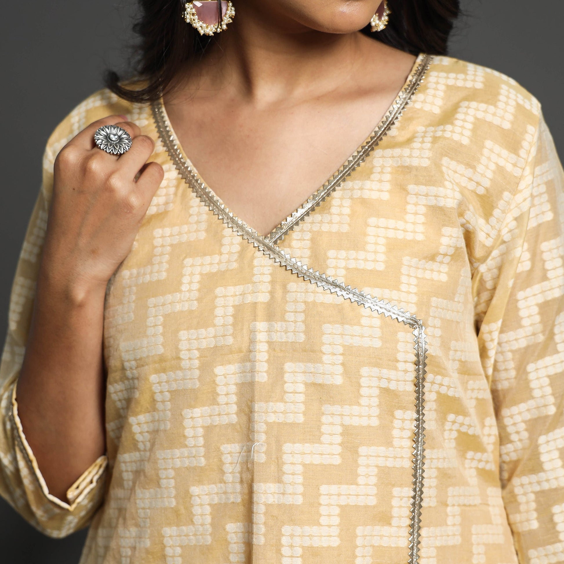Beige - Handwoven Cutwork Cotton Banarasi Kurta 05