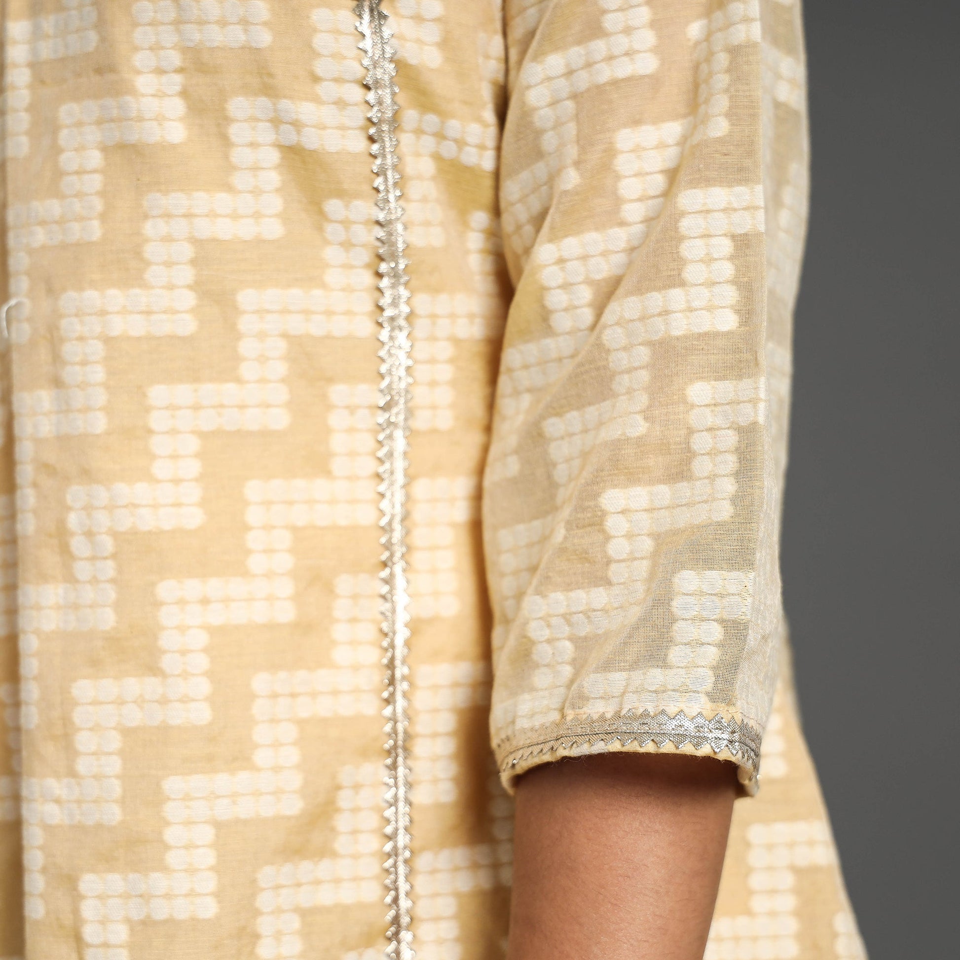 Beige - Handwoven Cutwork Cotton Banarasi Kurta 05