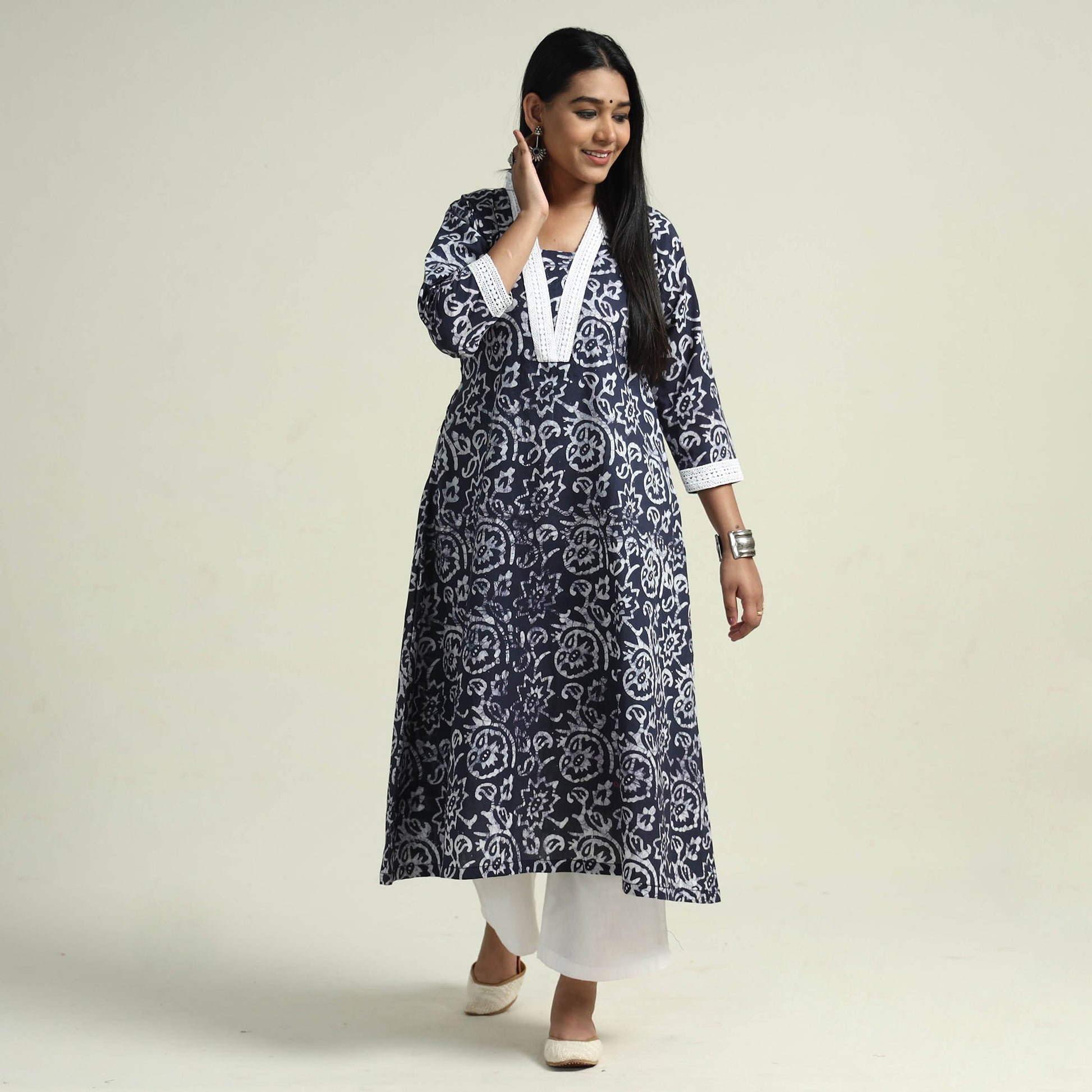 Blue - Hand Batik Printed Cotton Kurta with Palazzo Set