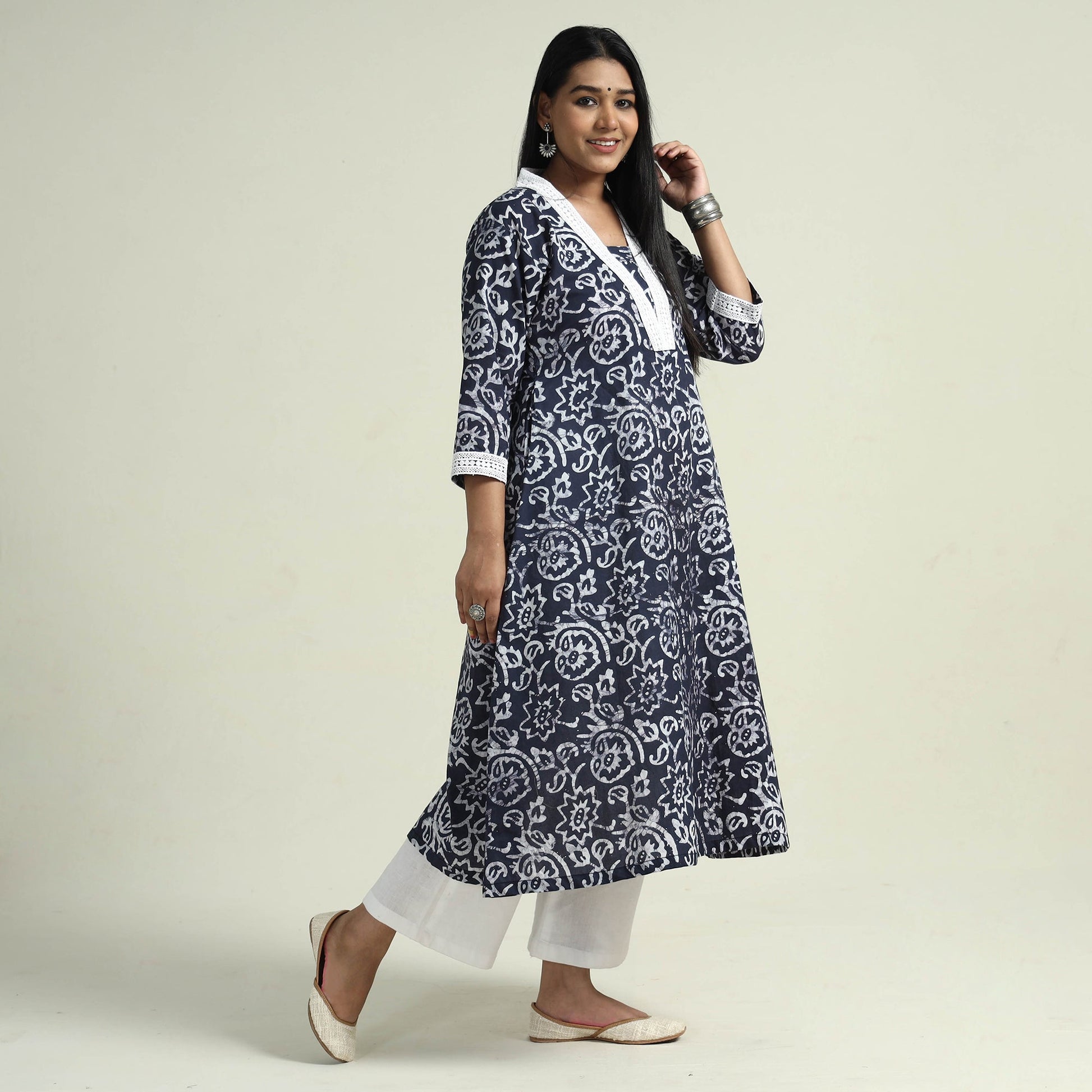 Blue - Hand Batik Printed Cotton Kurta with Palazzo Set
