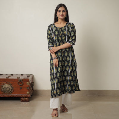 Black - Hand Batik Printed Cotton Straight Kurta with Lace Work 07