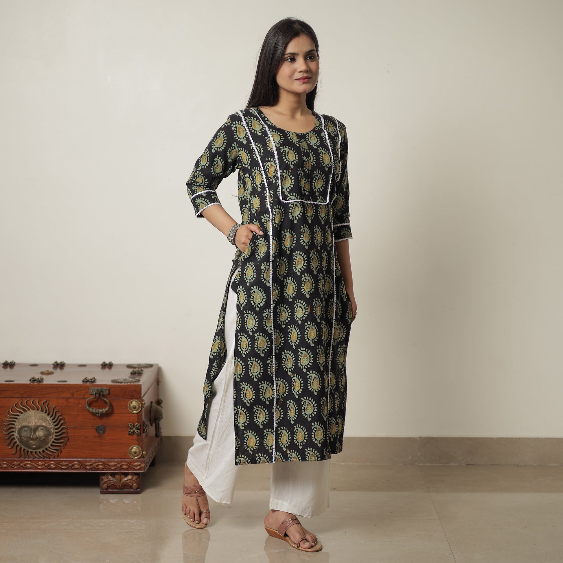 Black - Hand Batik Printed Cotton Straight Kurta with Lace Work 07