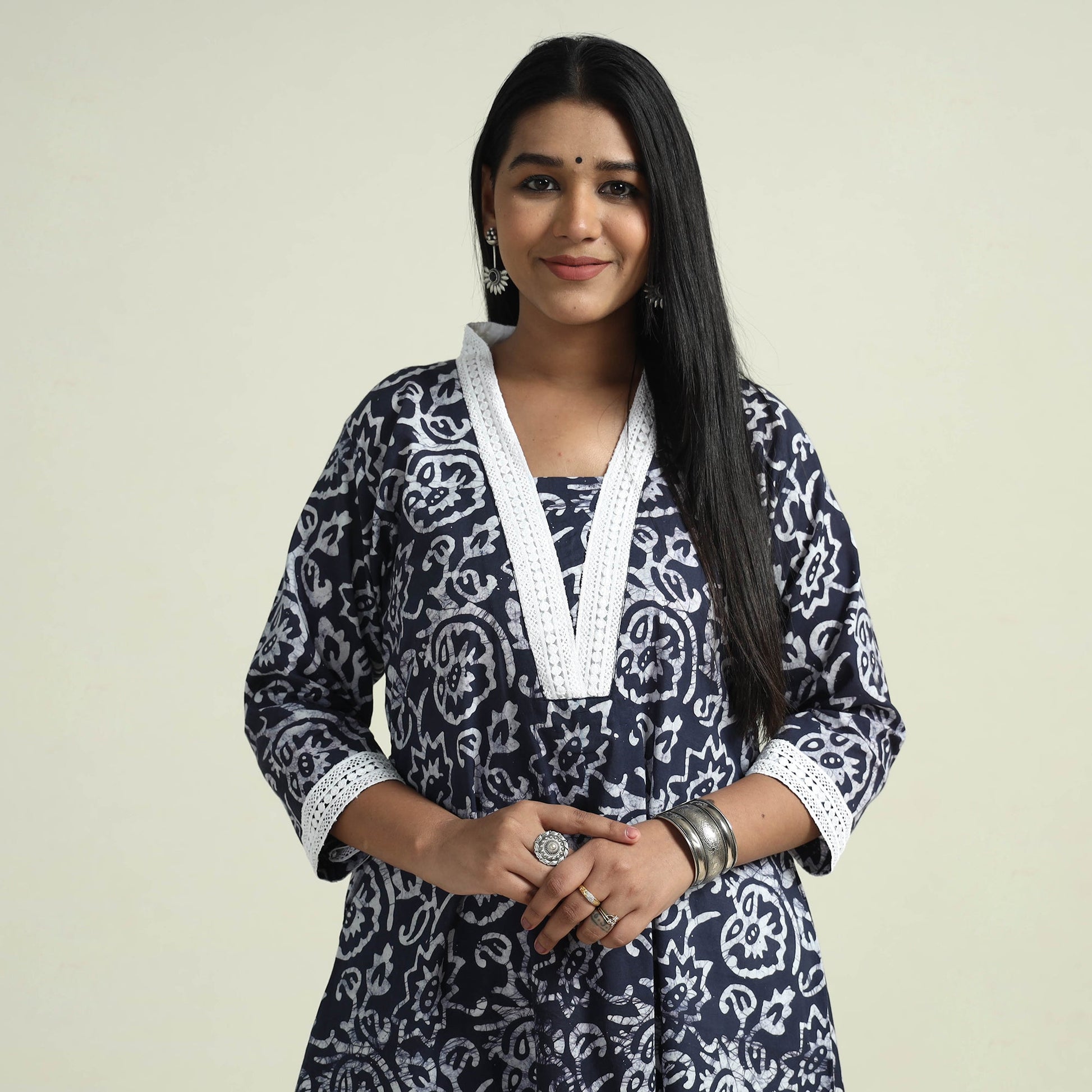 Blue - Hand Batik Printed Cotton Kurta with Palazzo Set