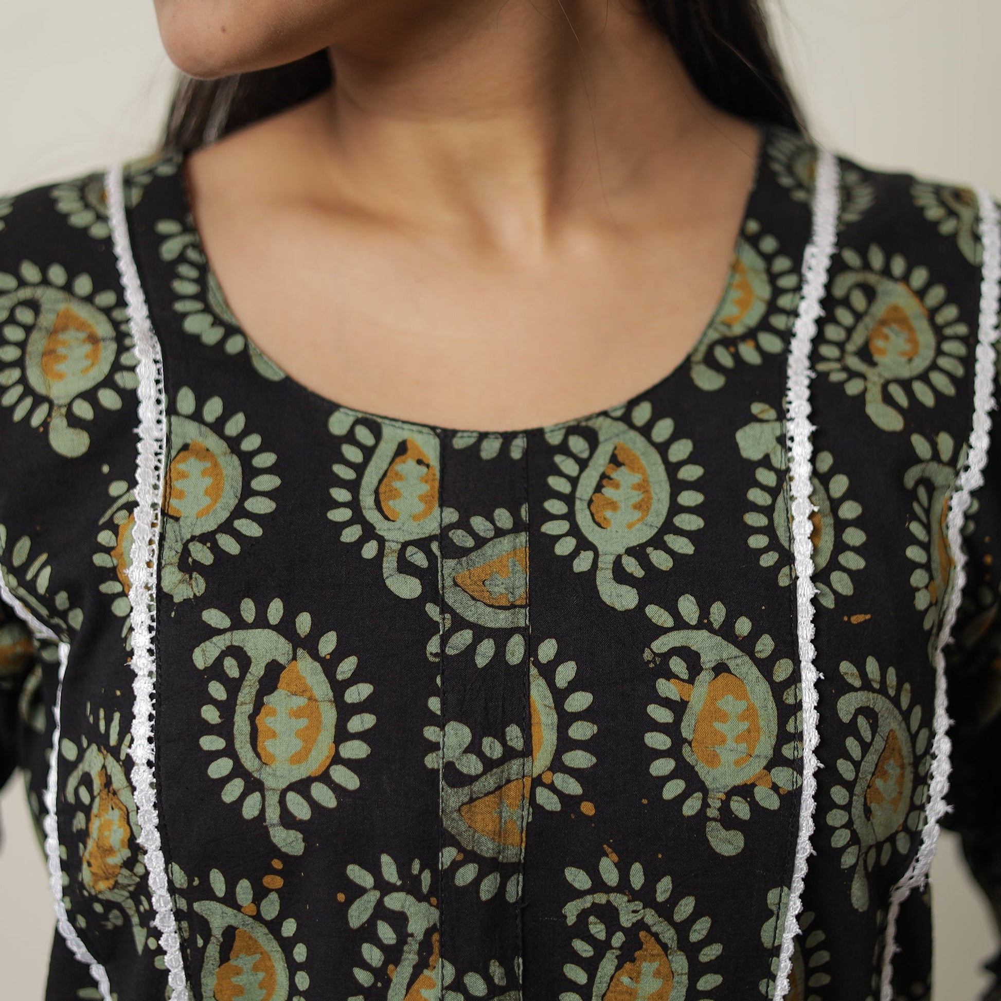 Black - Hand Batik Printed Cotton Straight Kurta with Lace Work 07