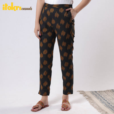 Black - iTokri Casuals - Pochampally Ikat Cotton Tapered Casual Pant for Women