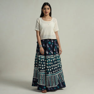Blue - Hand Batik Printed Running Stitch Cotton Long Skirt 83