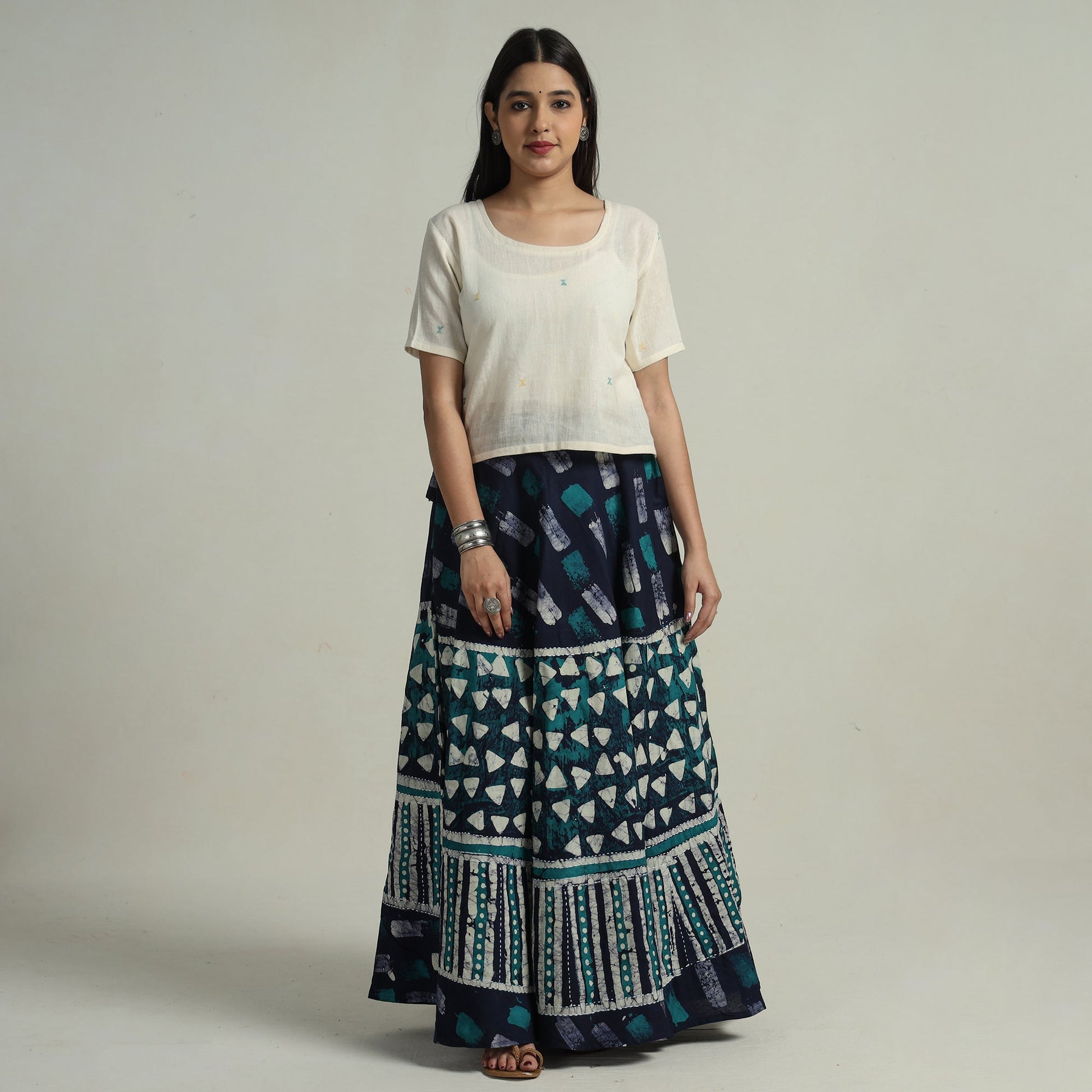 Blue - Hand Batik Printed Running Stitch Cotton Long Skirt 83