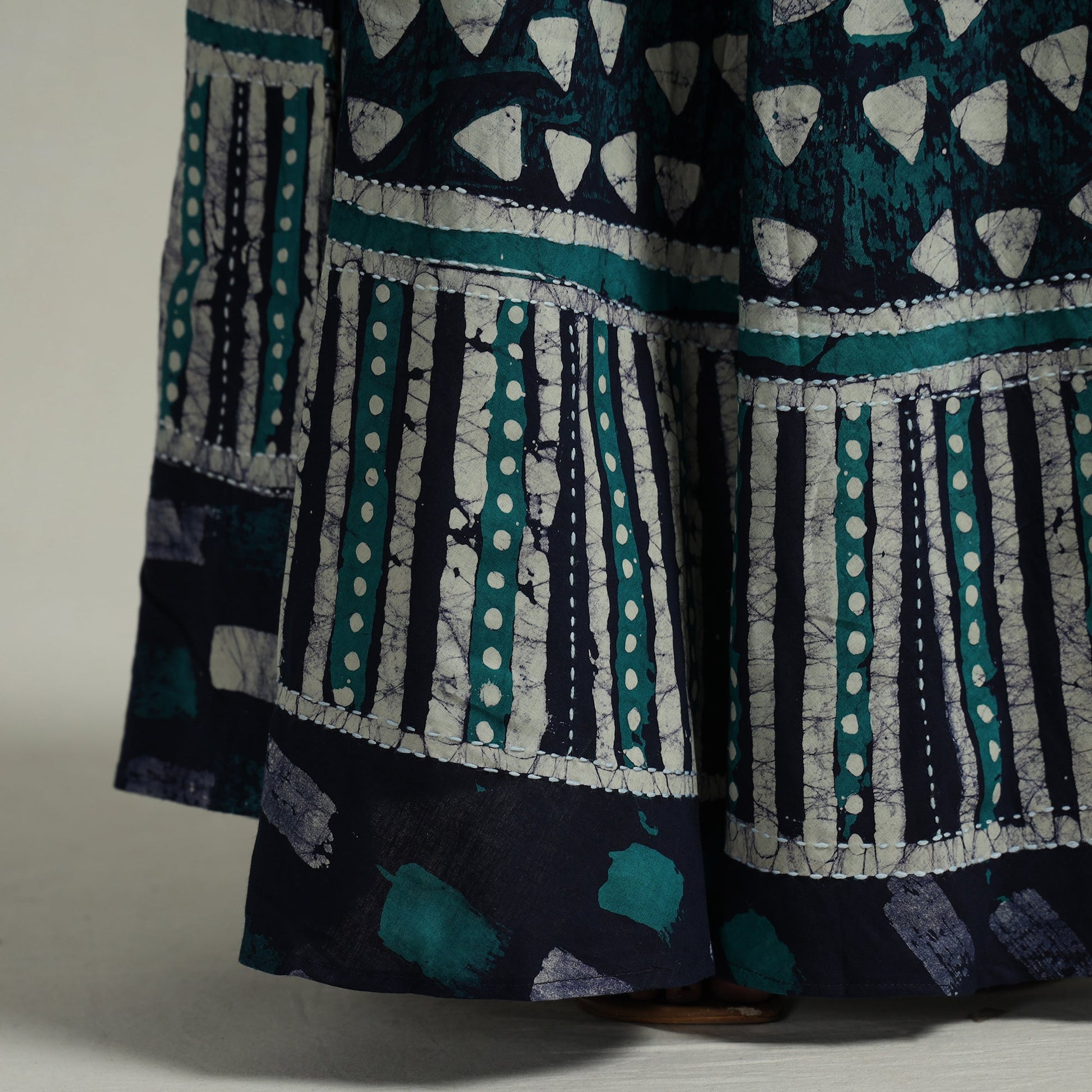 Blue - Hand Batik Printed Running Stitch Cotton Long Skirt 83