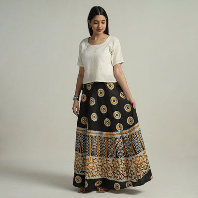 Black - Hand Batik Printed Running Stitch Cotton Long Skirt 84