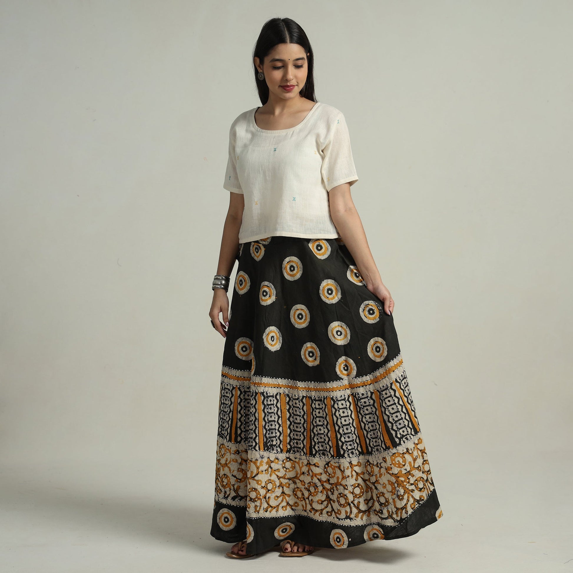 Black - Hand Batik Printed Running Stitch Cotton Long Skirt 84