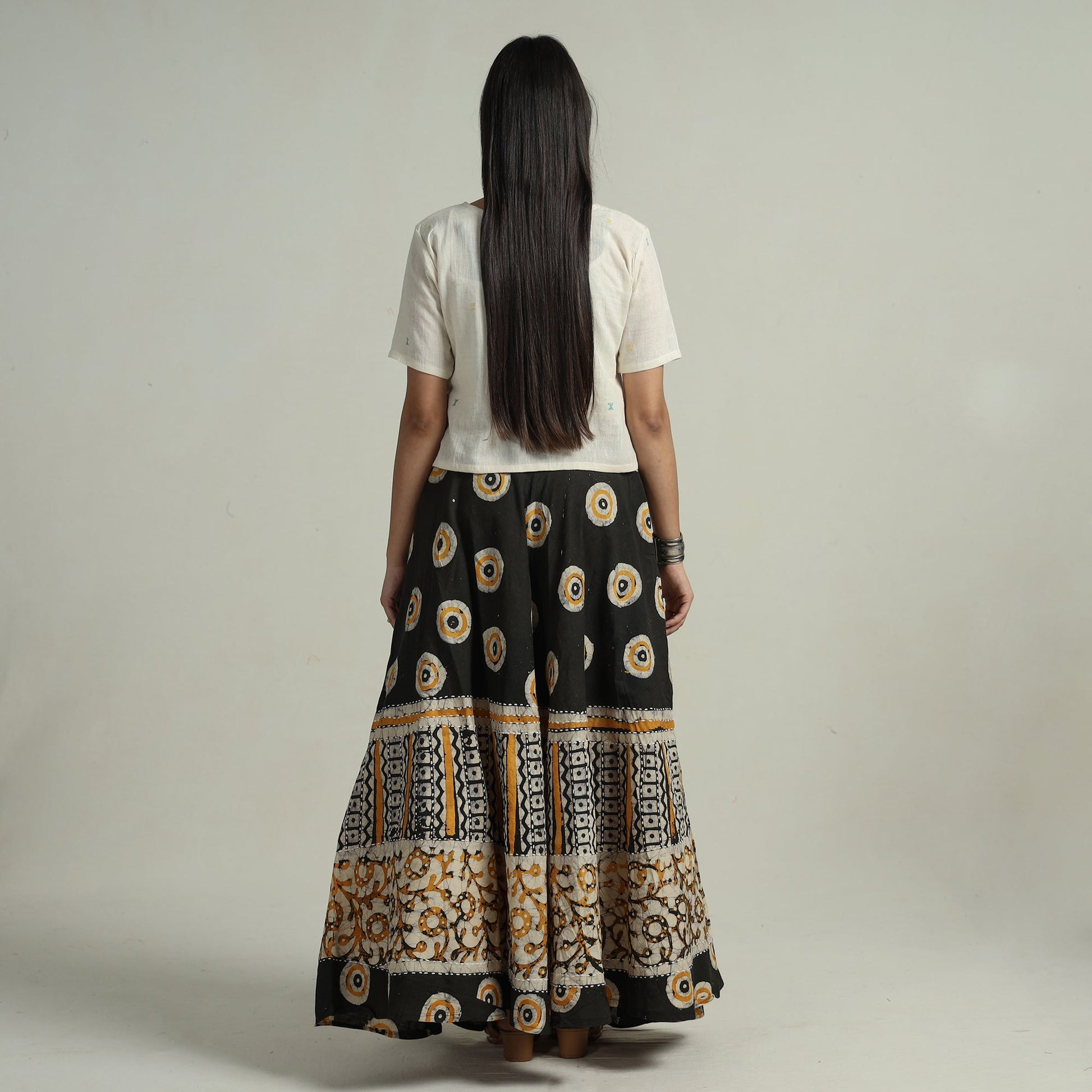 Black - Hand Batik Printed Running Stitch Cotton Long Skirt 84