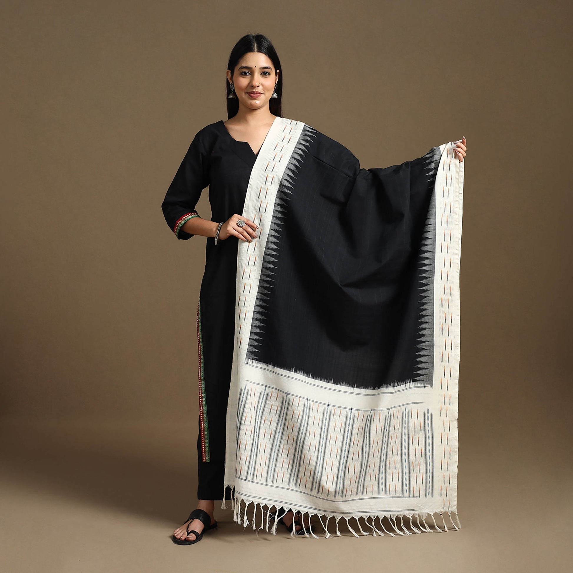 Black - Handloom Cotton Pochampally Ikat Dupatta 11