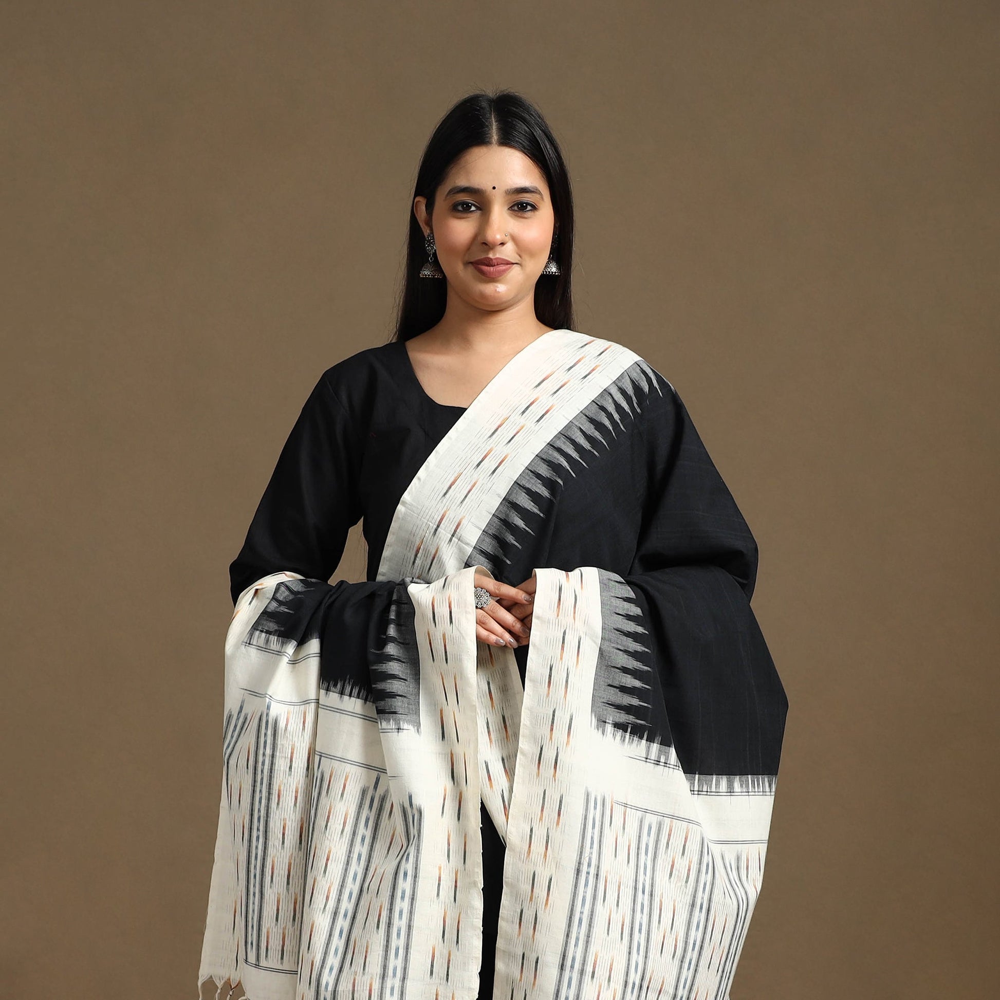 Black - Handloom Cotton Pochampally Ikat Dupatta 11