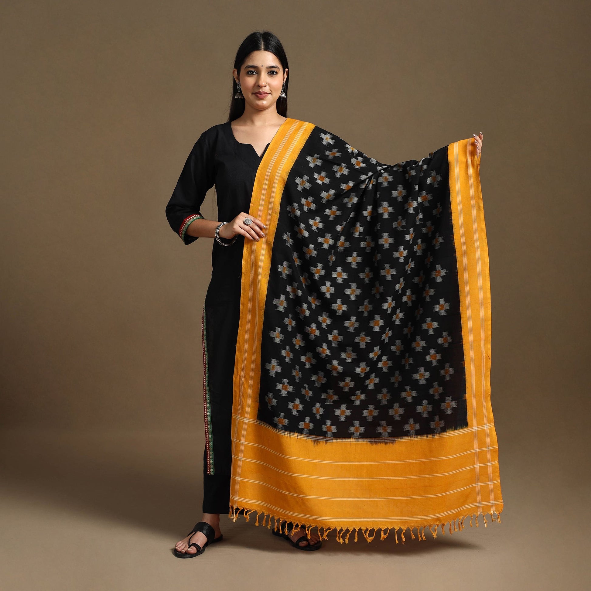 Black - Handloom Cotton Pochampally Ikat Dupatta 12