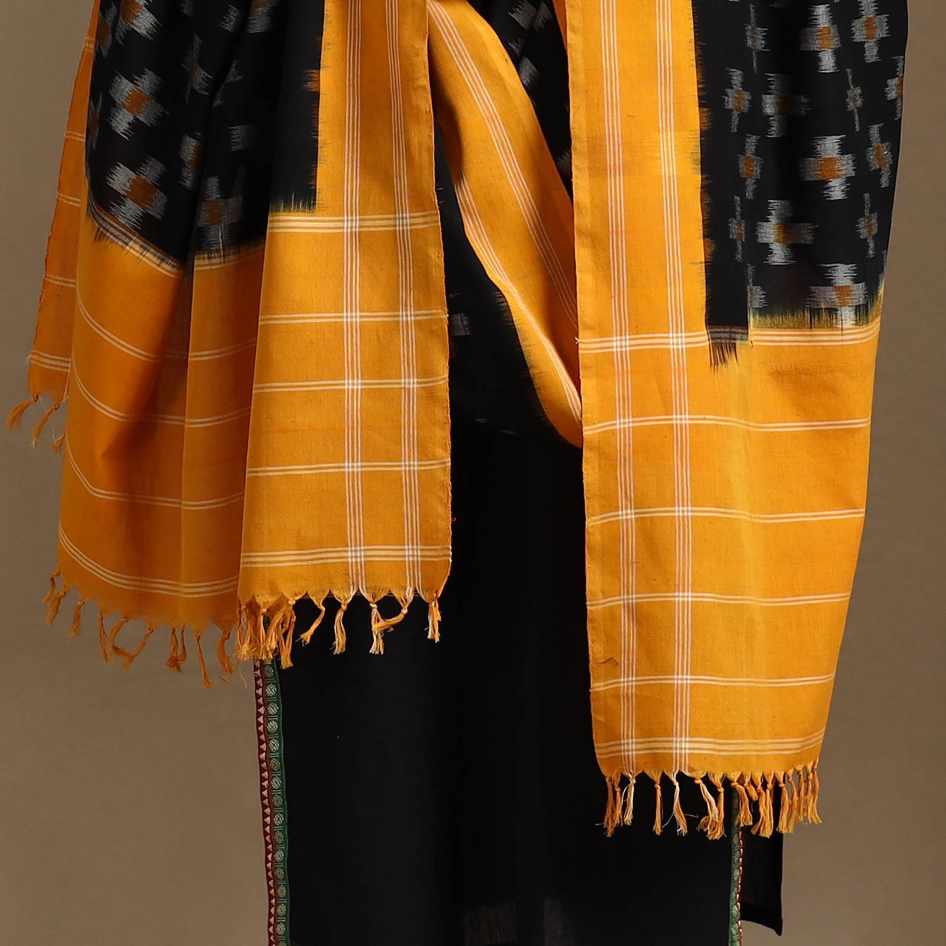 Black - Handloom Cotton Pochampally Ikat Dupatta 12