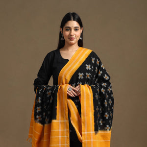 Black - Handloom Cotton Pochampally Ikat Dupatta 12