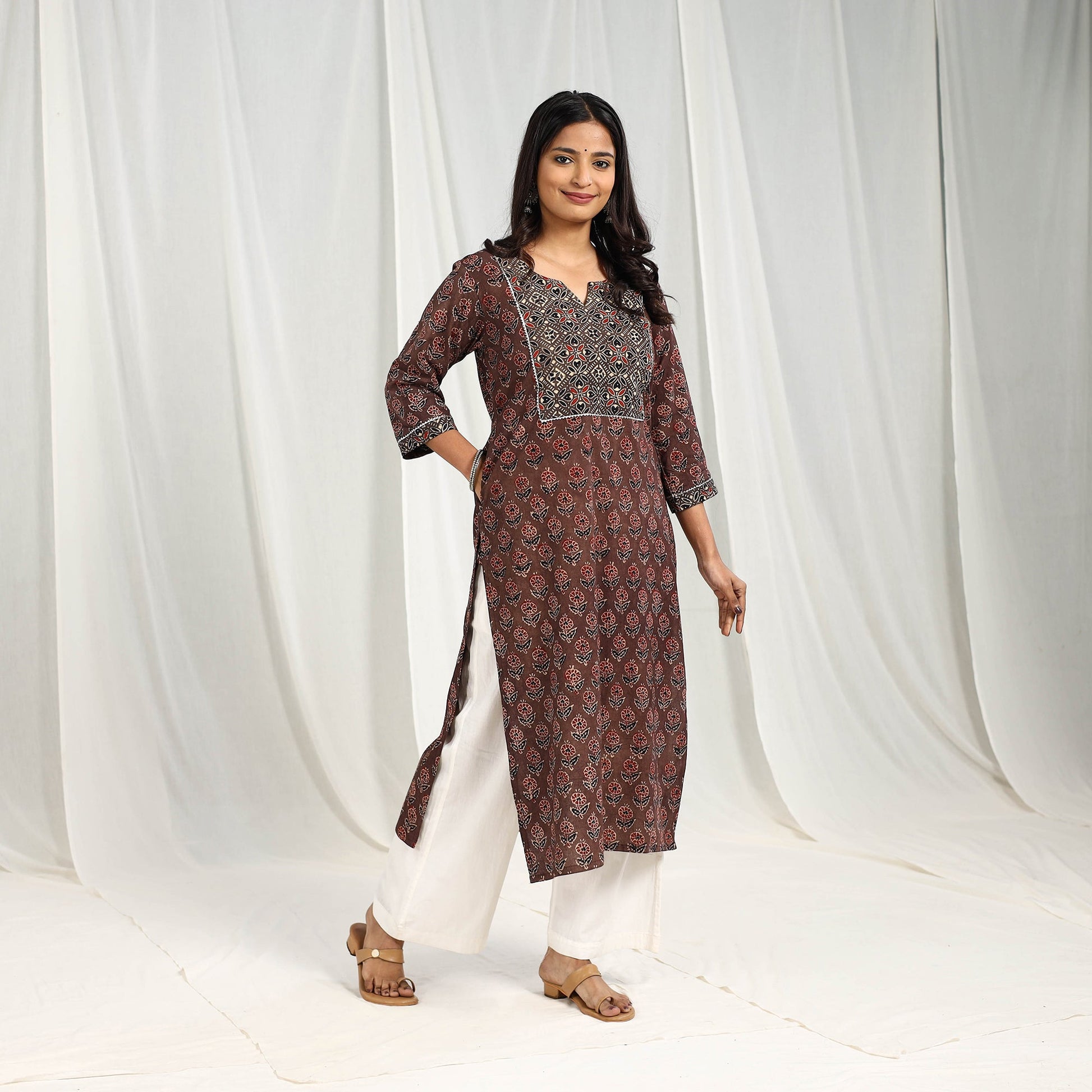 Brown -  Block Printed Cotton Straight Ajrakh Kurta 01