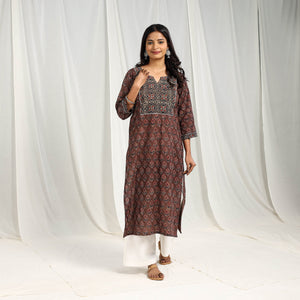 Brown -  Block Printed Cotton Straight Ajrakh Kurta 01