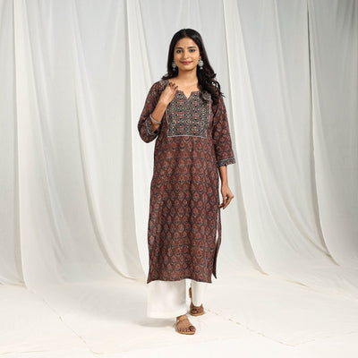 Brown -  Block Printed Cotton Straight Ajrakh Kurta 01