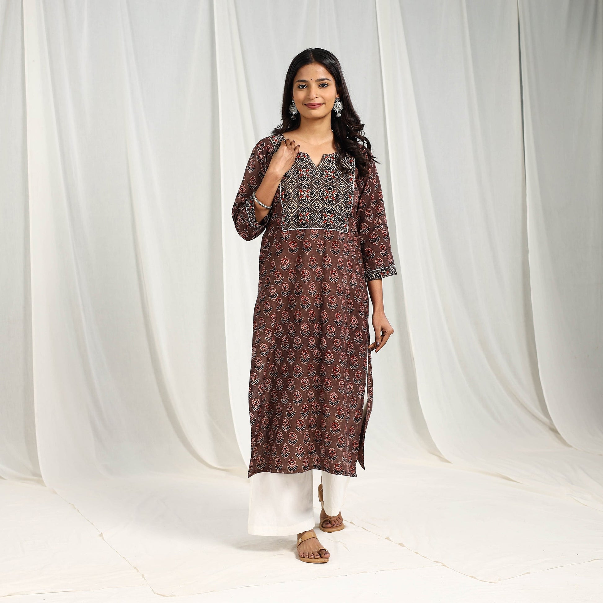 Brown -  Block Printed Cotton Straight Ajrakh Kurta 01