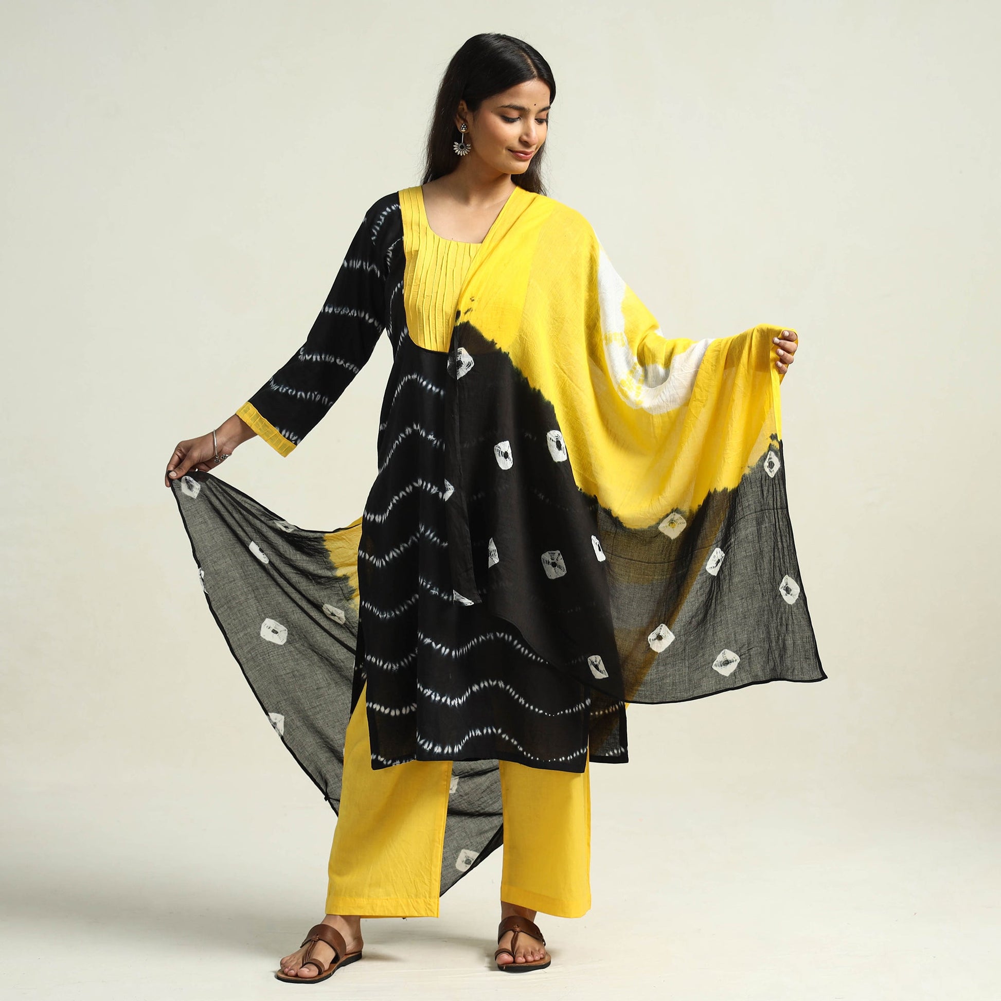 Black - Shibori Tye-Dye Mul Cotton Kurta with Palazzo & Dupatta Set