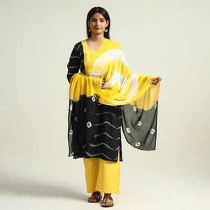 Black - Shibori Tye-Dye Mul Cotton Kurta with Palazzo & Dupatta Set