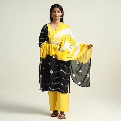 Black - Shibori Tye-Dye Mul Cotton Kurta with Palazzo & Dupatta Set