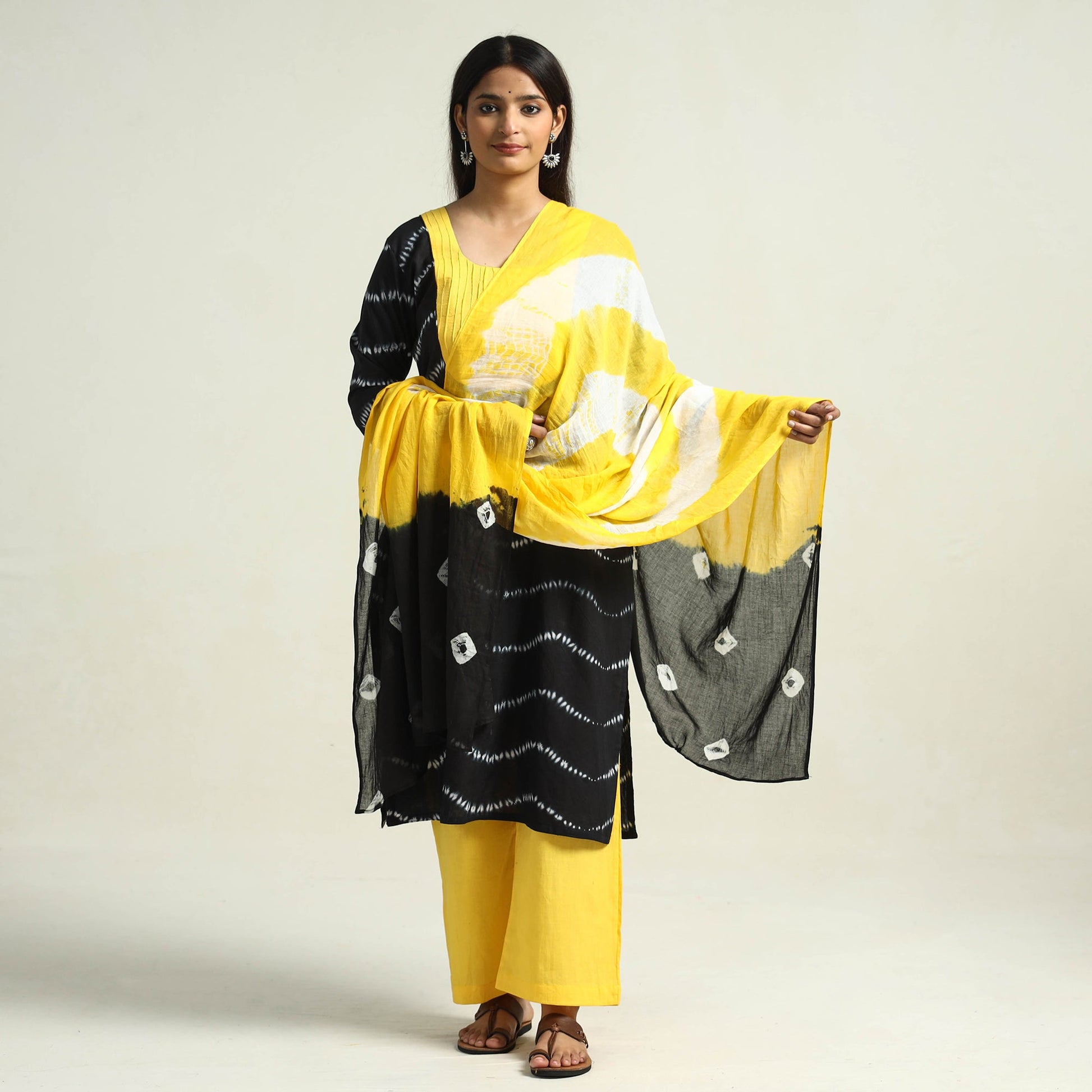 Black - Shibori Tye-Dye Mul Cotton Kurta with Palazzo & Dupatta Set