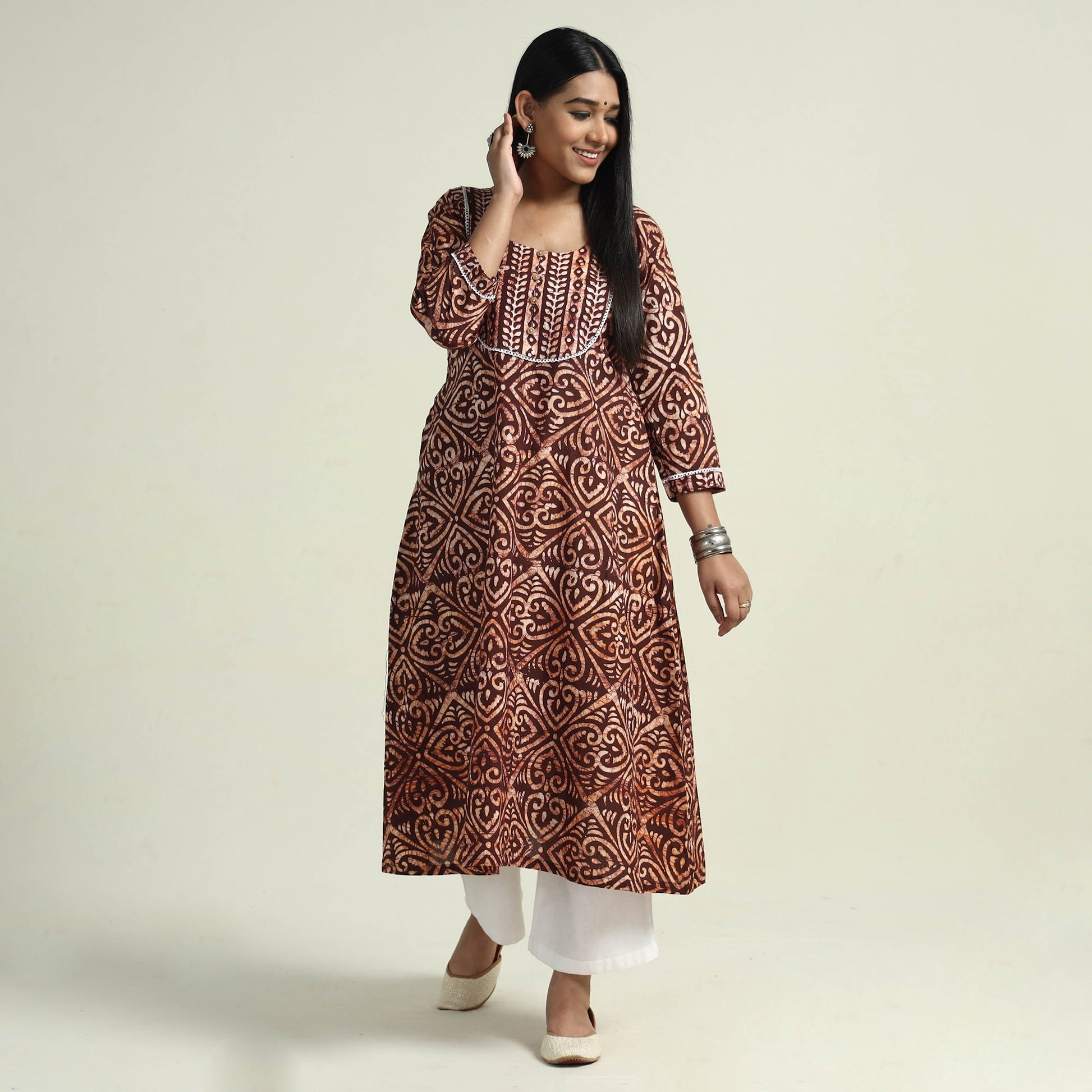 Brown - Hand Batik Printed Cotton Kurta with Palazzo Set