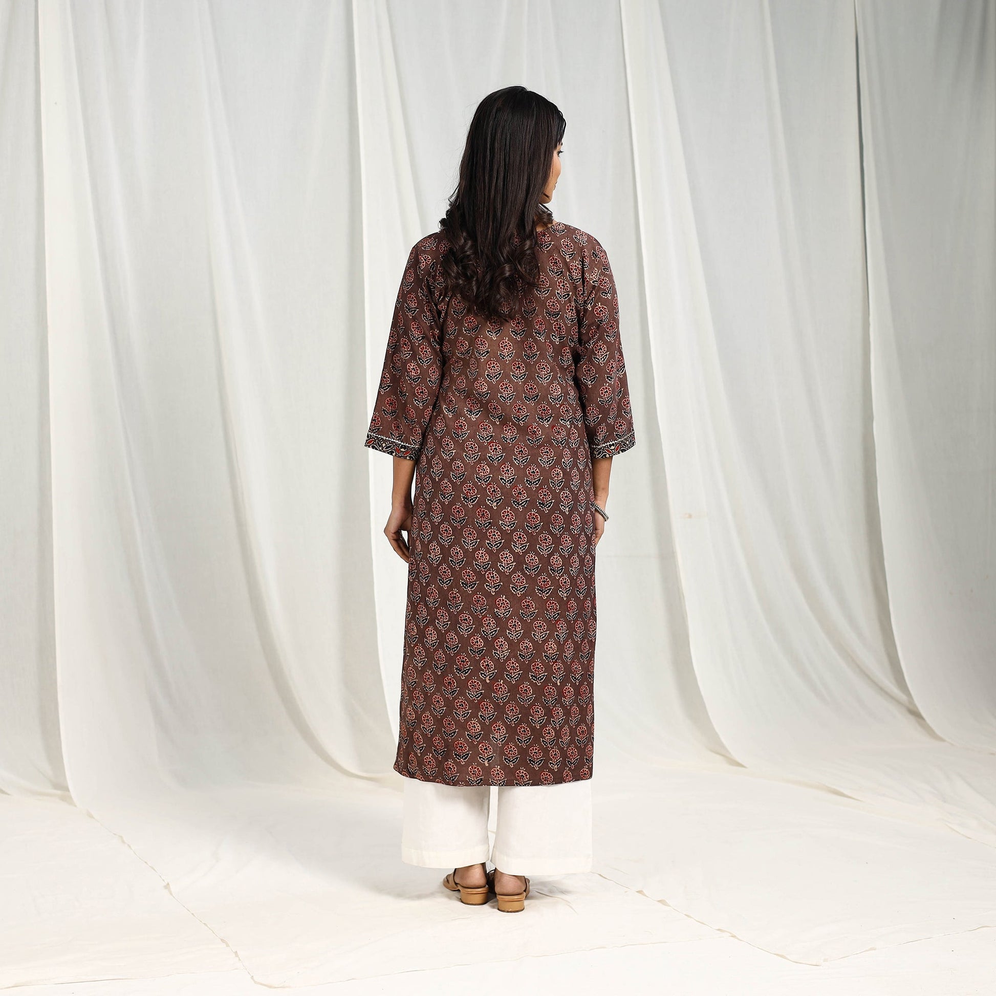 Brown -  Block Printed Cotton Straight Ajrakh Kurta 01