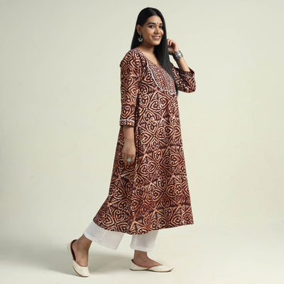Brown - Hand Batik Printed Cotton Kurta with Palazzo Set